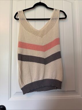 Cream Striped Knit Tank Top with Pink & Gray Chevron